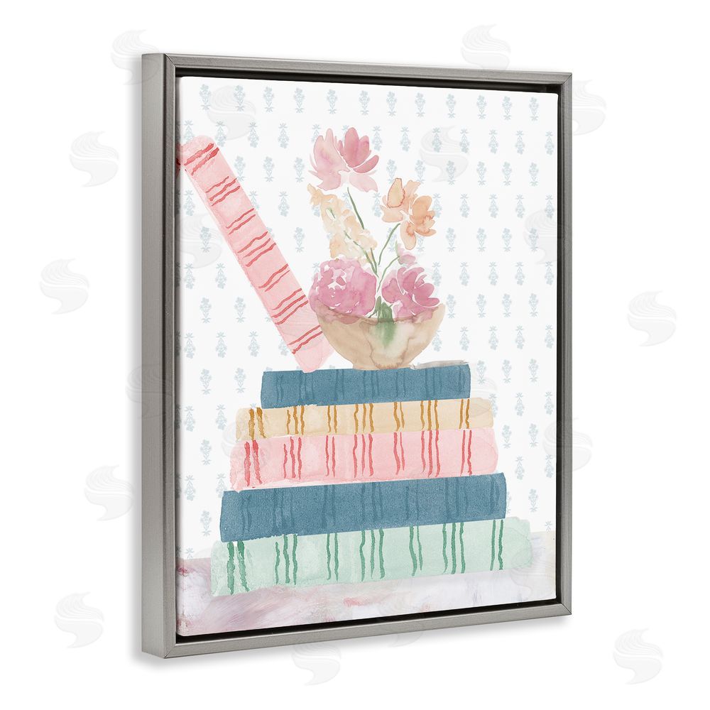 Lucille Price Pastel Flowers And Books Gray Floating Frame Canvas Wall Art Print