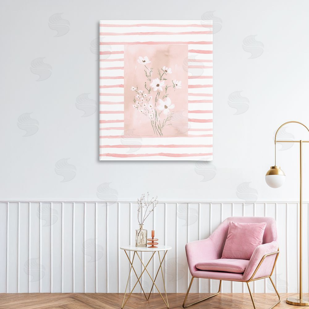 Lucille Price White Cosmos on Pink Stripes Stretched Canvas Wall Art in Room