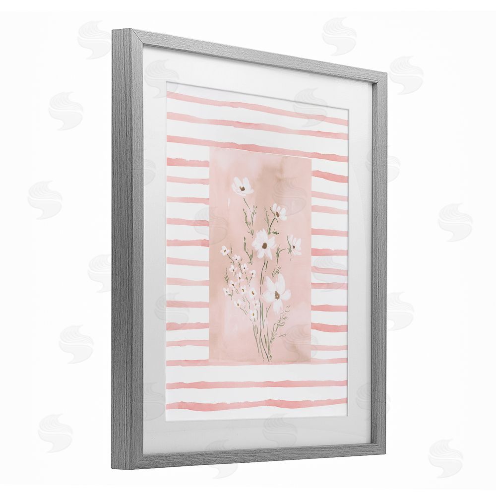 Lucille Price White Cosmos on Pink Stripes Gray Framed Print Under Glass Wall Art