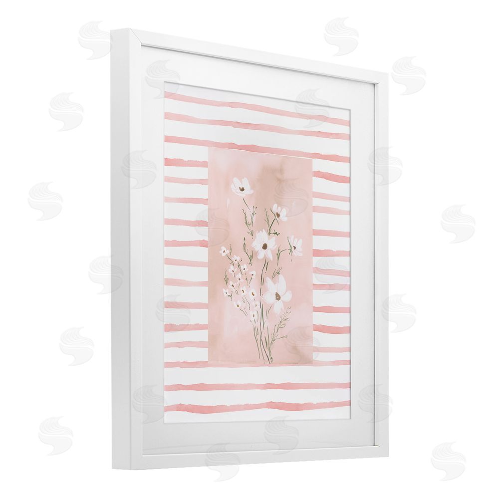 Lucille Price White Cosmos on Pink Stripes White Framed Print Under Glass Wall Art