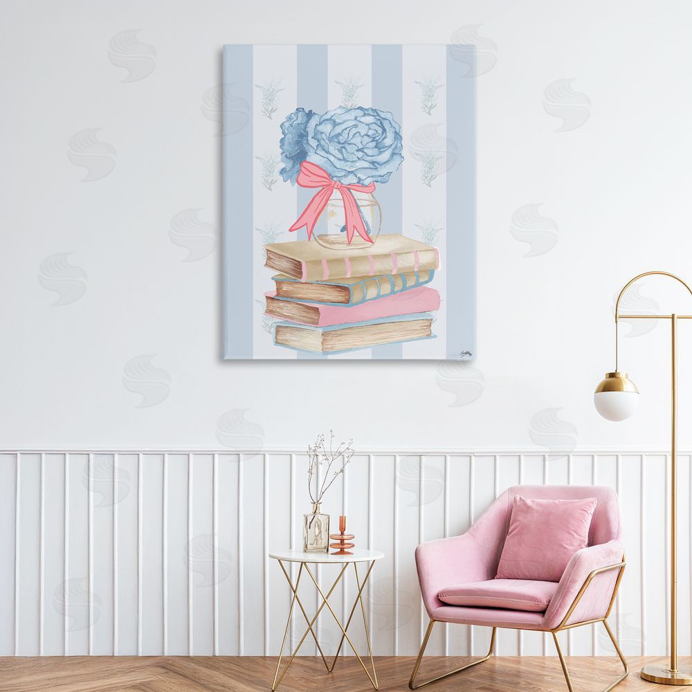 Elizabeth Medley Stacked Books & Blue Hydrangeas Stretched Canvas Wall Art in Room