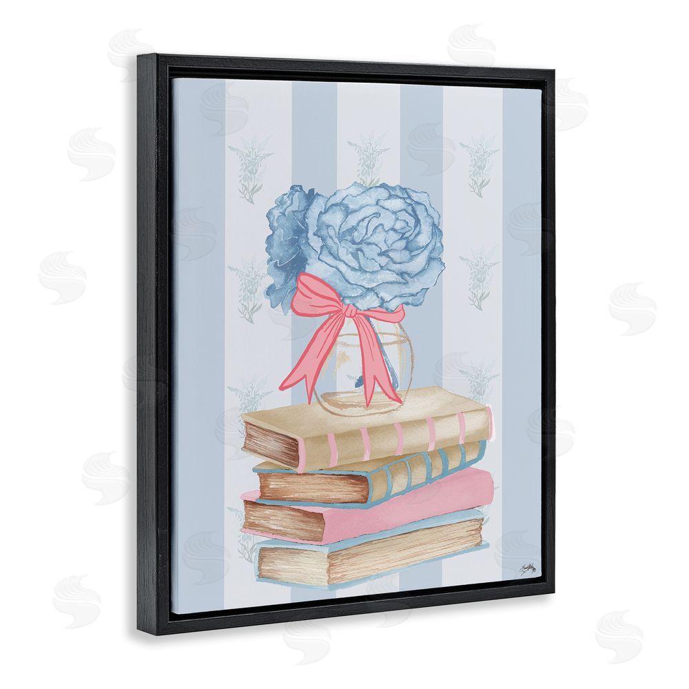 Elizabeth Medley Stacked Books & Blue Hydrangeas Black Floating Frame Canvas Wall Art Print