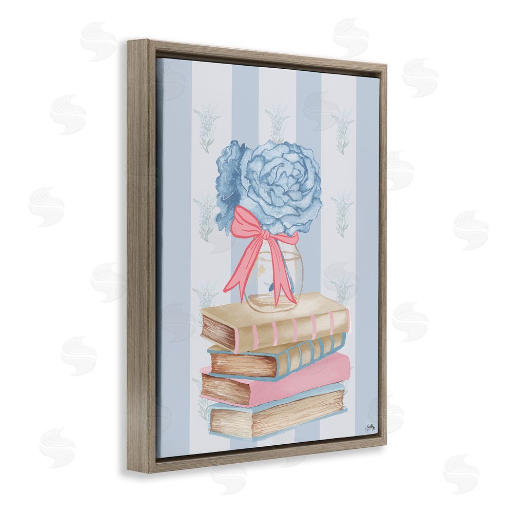 Elizabeth Medley Stacked Books & Blue Hydrangeas Brown Floating Frame Canvas Wall Art Print