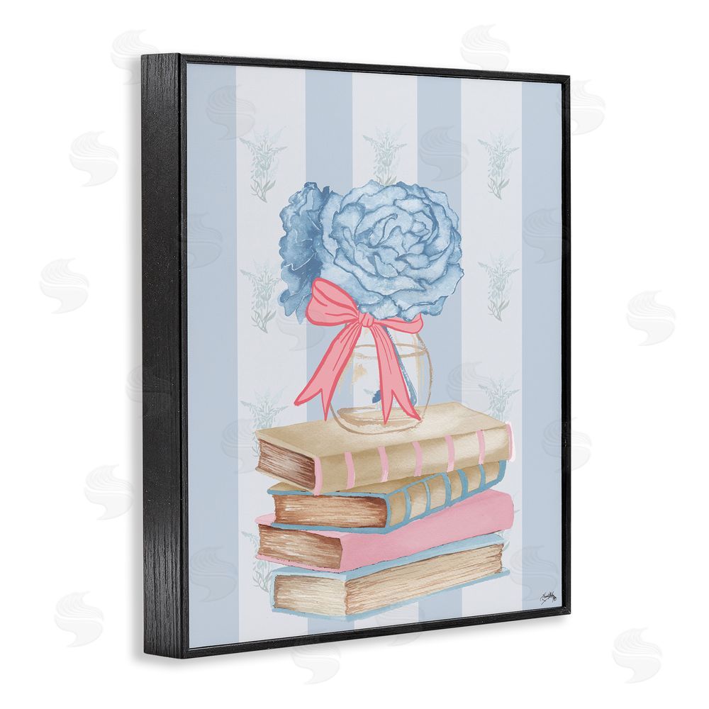 Elizabeth Medley Stacked Books & Blue Hydrangeas Black Framed Giclee Wall Art Print
