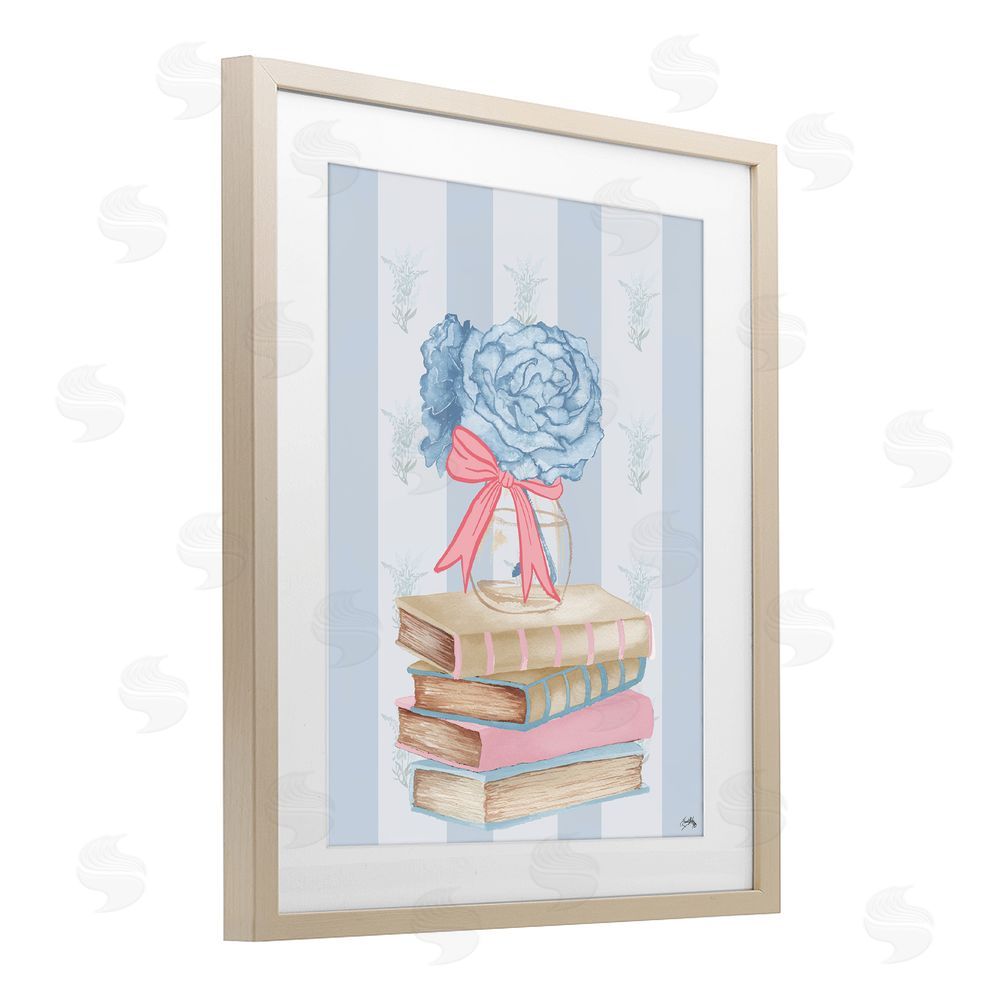 Elizabeth Medley Stacked Books & Blue Hydrangeas Birch Framed Print Under Glass Wall Art