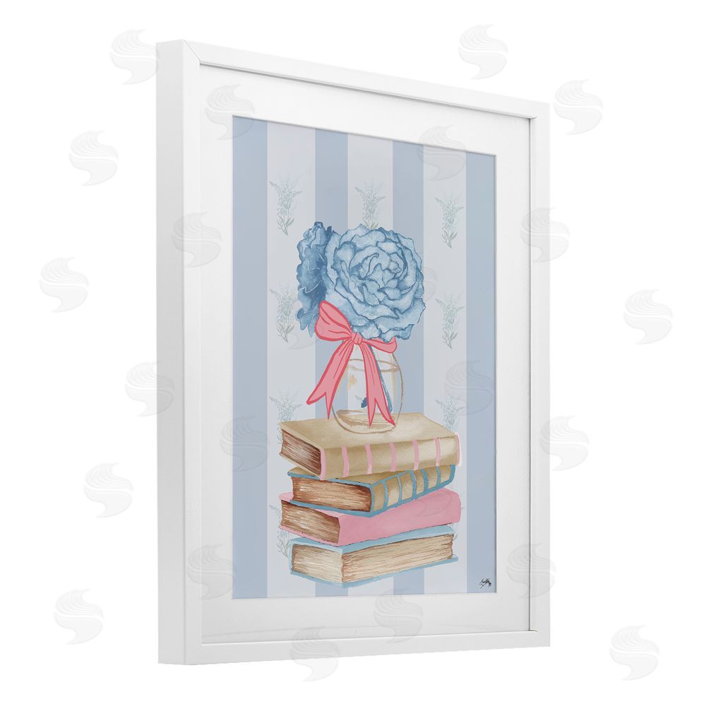 Elizabeth Medley Stacked Books & Blue Hydrangeas White Framed Print Under Glass Wall Art
