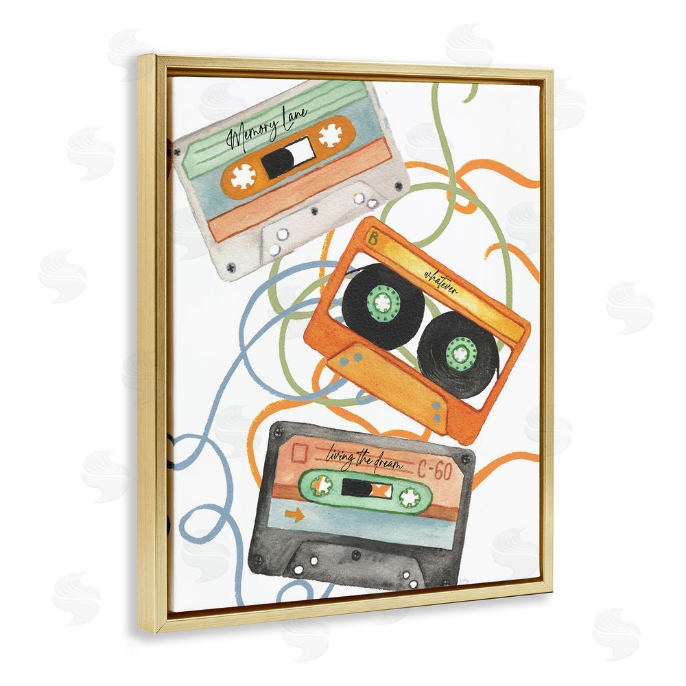 Sundance Graphics Cassette Mix Tapes Trio Gold Floating Frame Canvas Wall Art Print