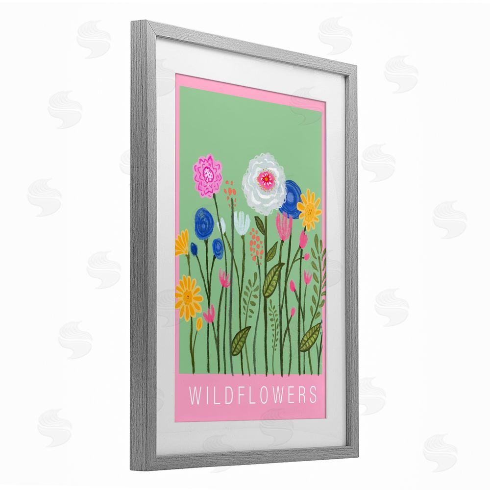 Elizabeth Medley Wild Flowers with Pink Border Gray Framed Print Under Glass Wall Art