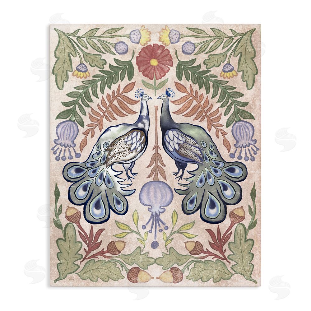 Elizabeth Medley Symmetrical Peacock & Flower Pattern Stretched Canvas Wall Art Print