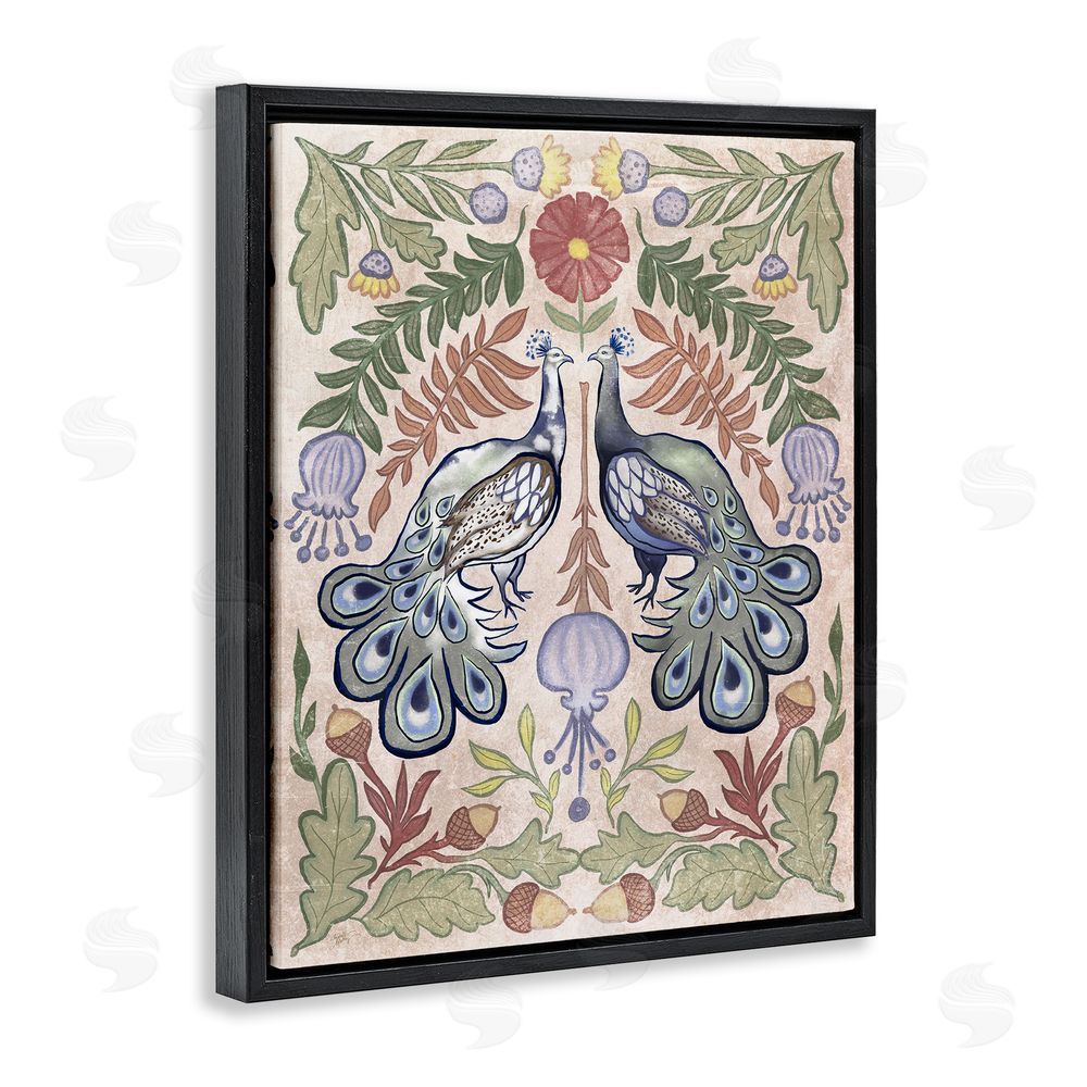 Elizabeth Medley Symmetrical Peacock & Flower Pattern Black Floating Frame Canvas Wall Art Print