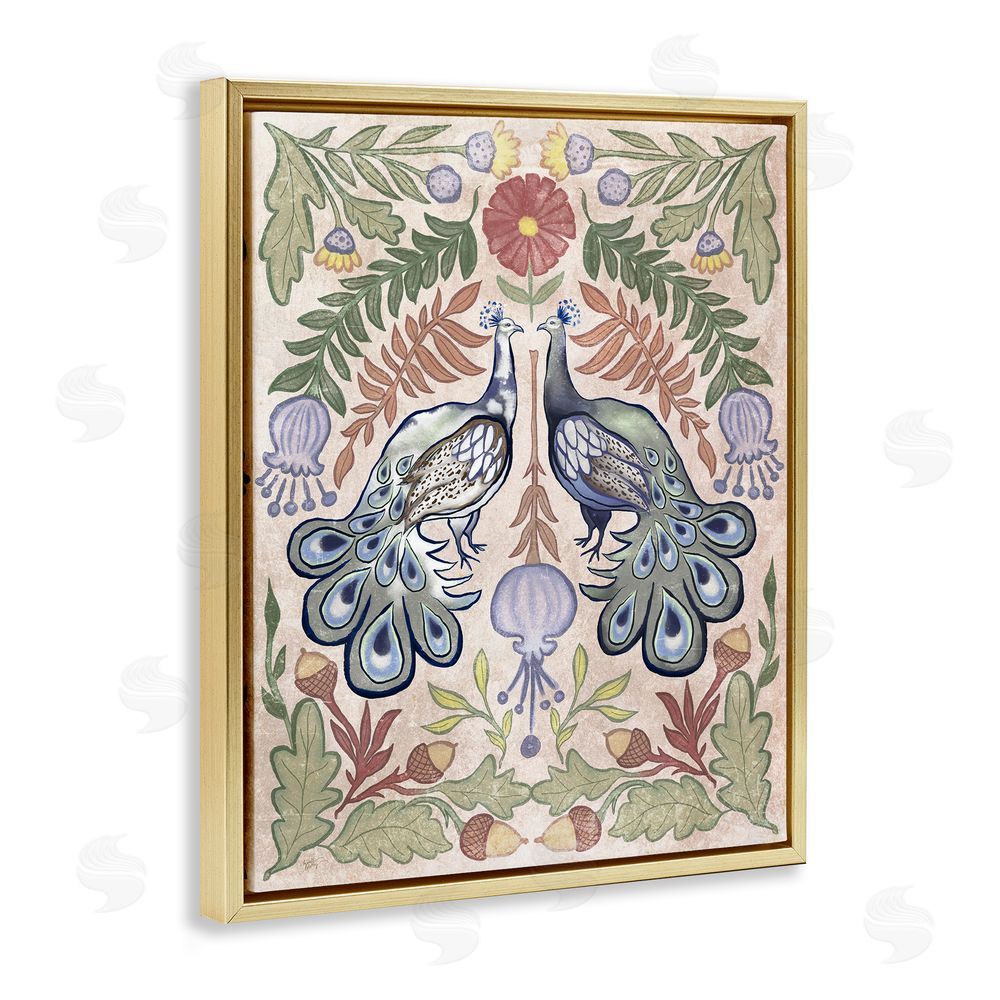 Elizabeth Medley Symmetrical Peacock & Flower Pattern Gold Floating Frame Canvas Wall Art Print