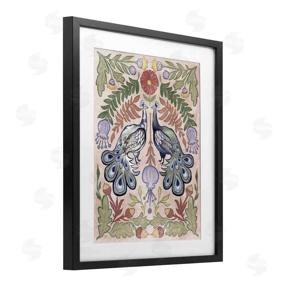 Elizabeth Medley Symmetrical Peacock & Flower Pattern Black Framed Print Under Glass Wall Art