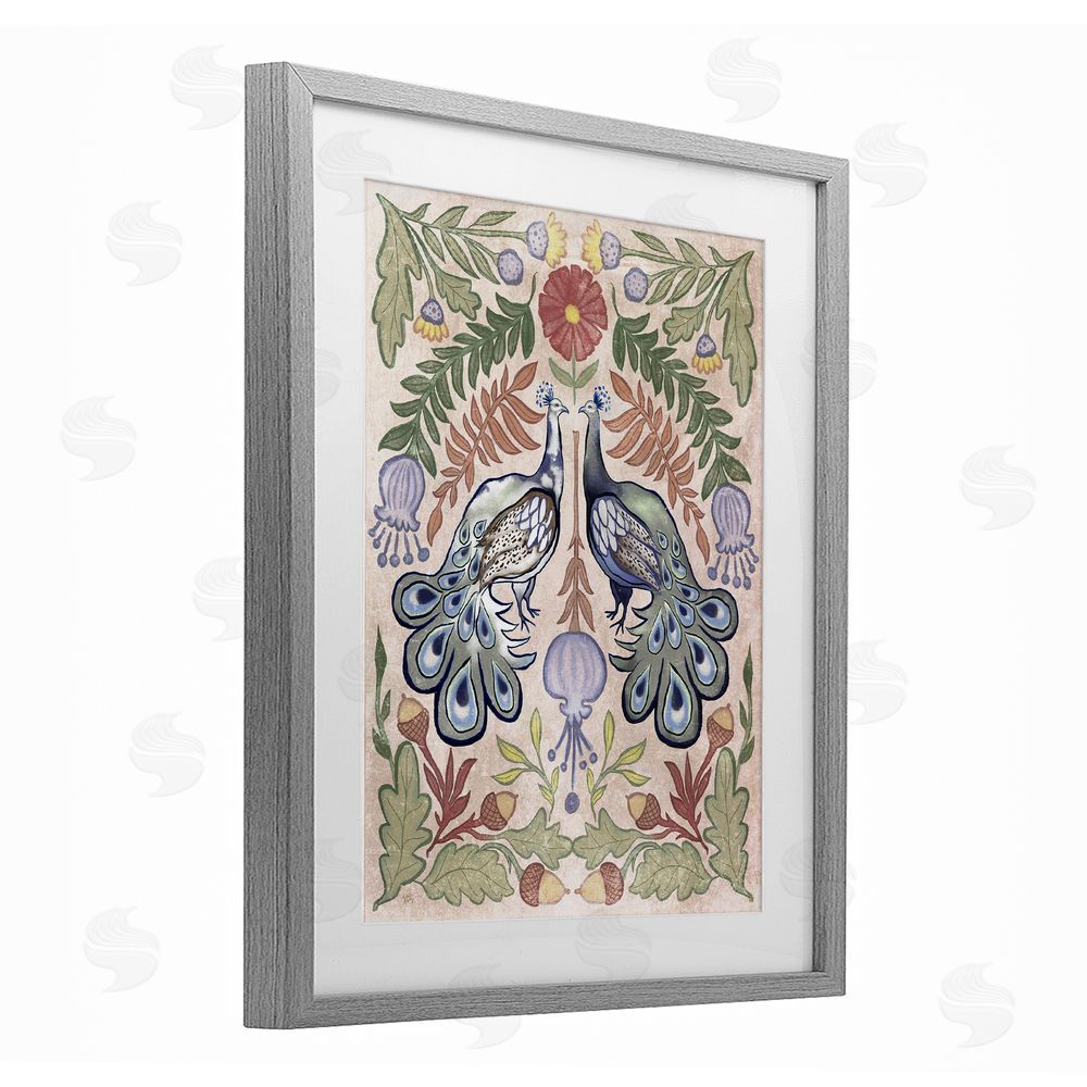 Elizabeth Medley Symmetrical Peacock & Flower Pattern Gray Framed Print Under Glass Wall Art