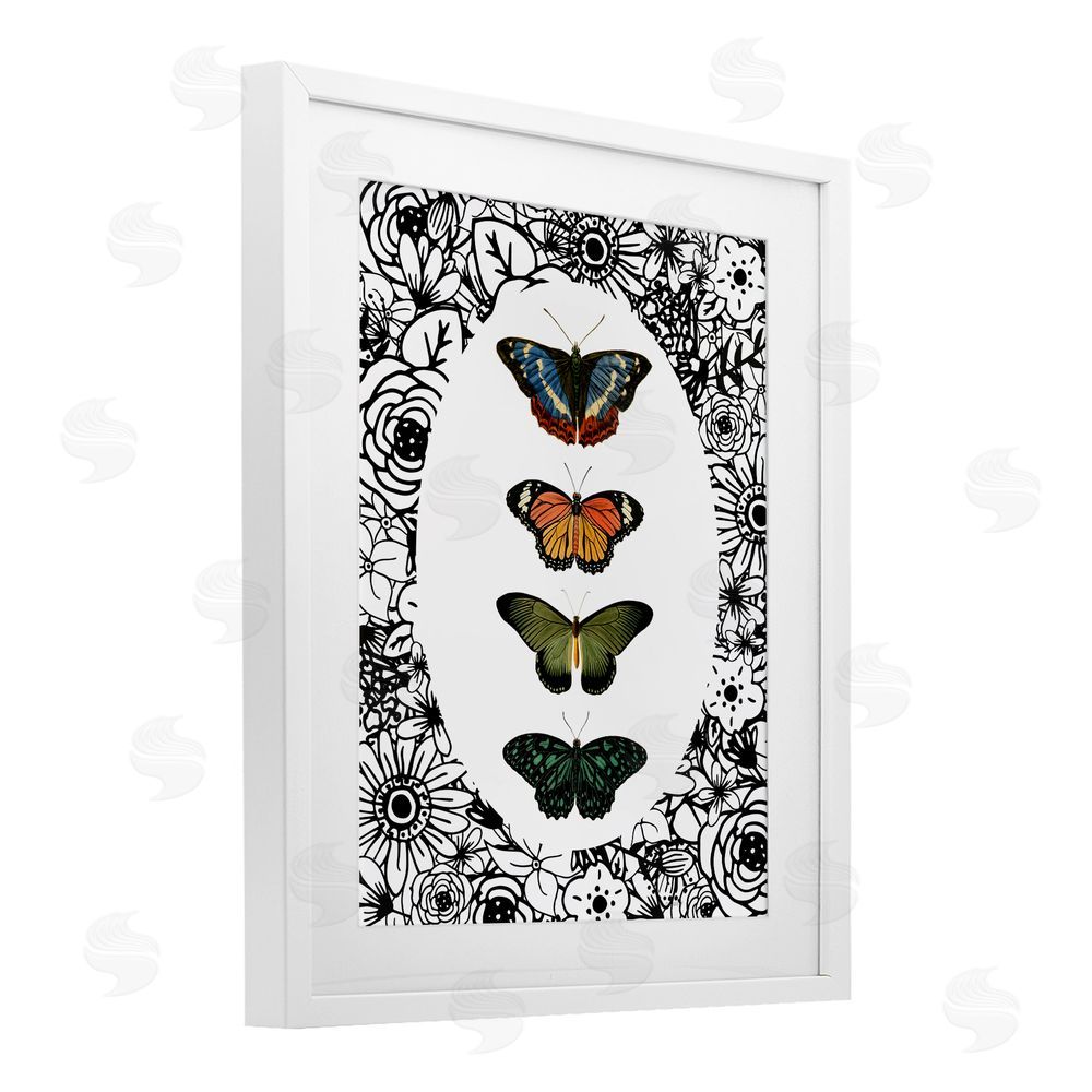 Sundance Graphics Floral Border Butterfly Lineup White Framed Print Under Glass Wall Art