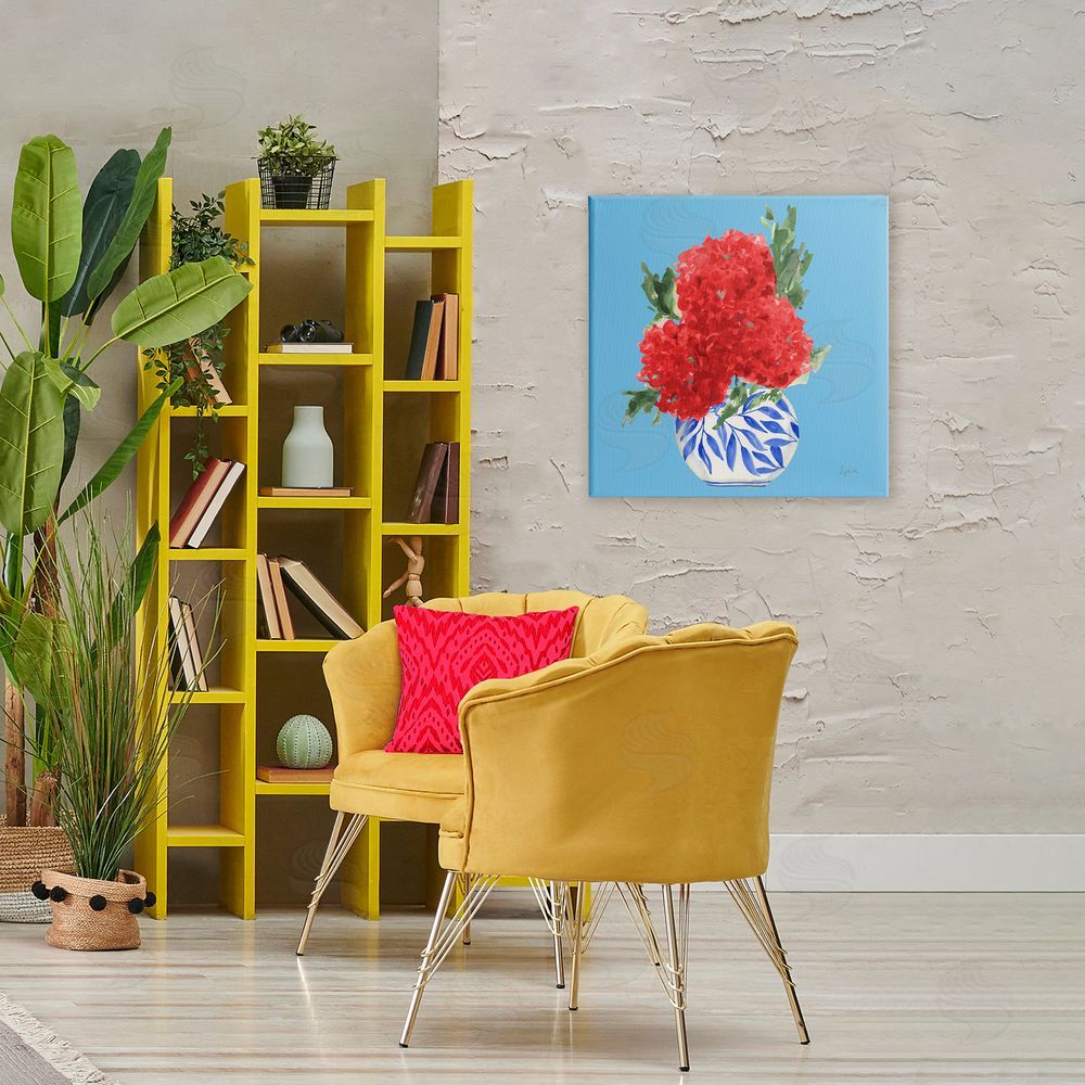 Lucille Price Red Hydrangeas Blue Vase Stretched Canvas Wall Art in Room