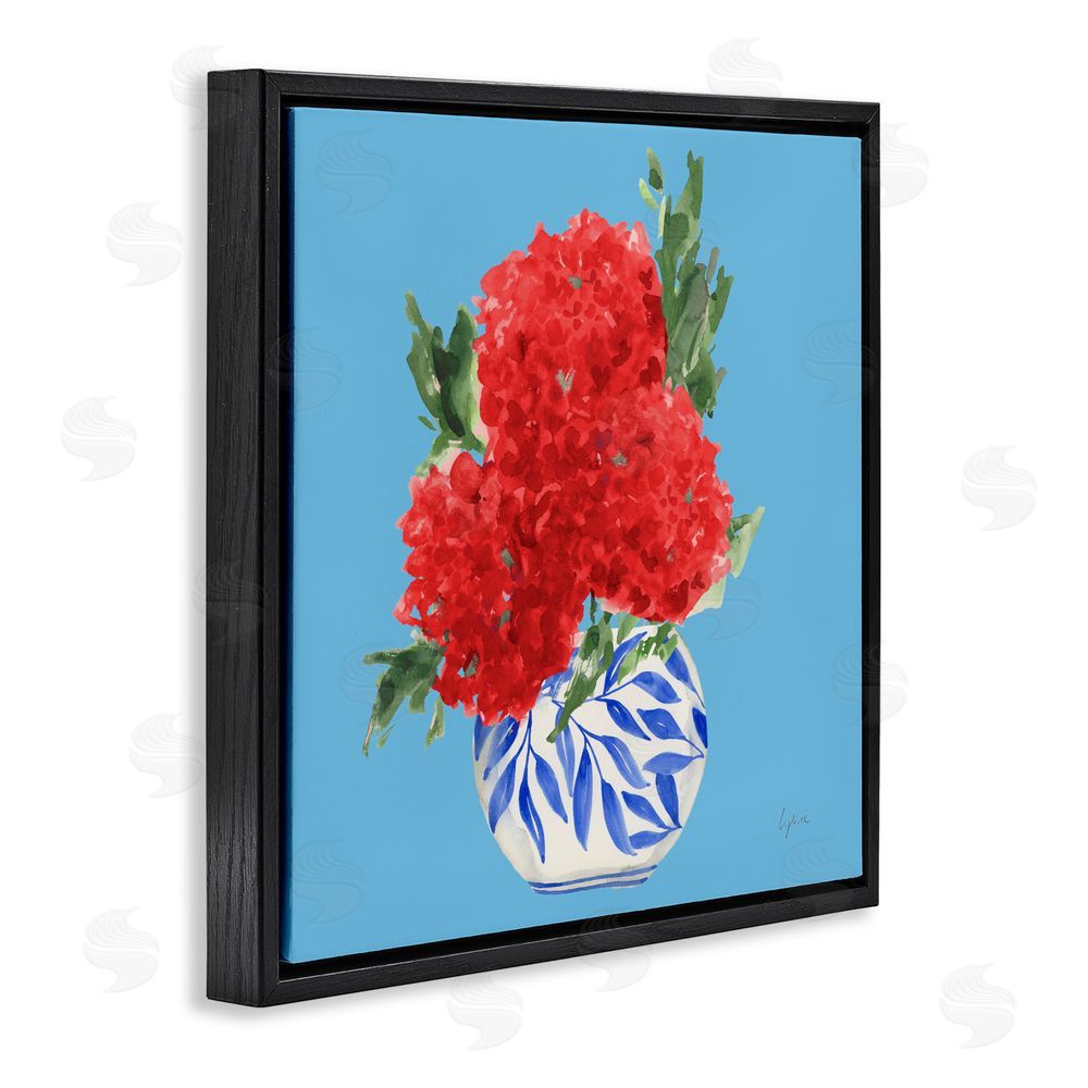 Lucille Price Red Hydrangeas Blue Vase Black Floating Frame Canvas Wall Art Print