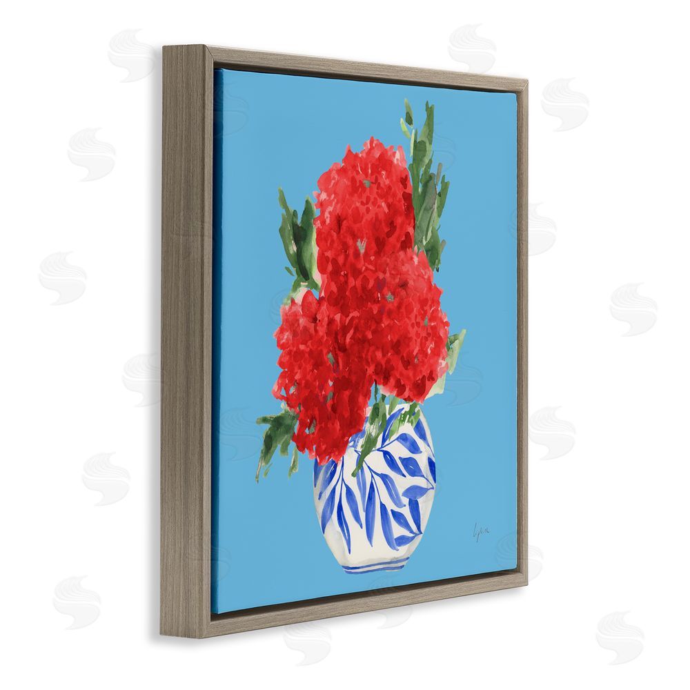 Lucille Price Red Hydrangeas Blue Vase Brown Floating Frame Canvas Wall Art Print