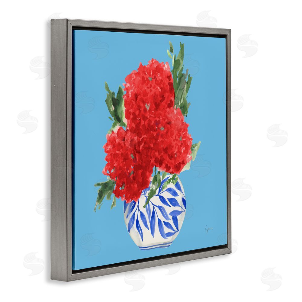 Lucille Price Red Hydrangeas Blue Vase Gray Floating Frame Canvas Wall Art Print