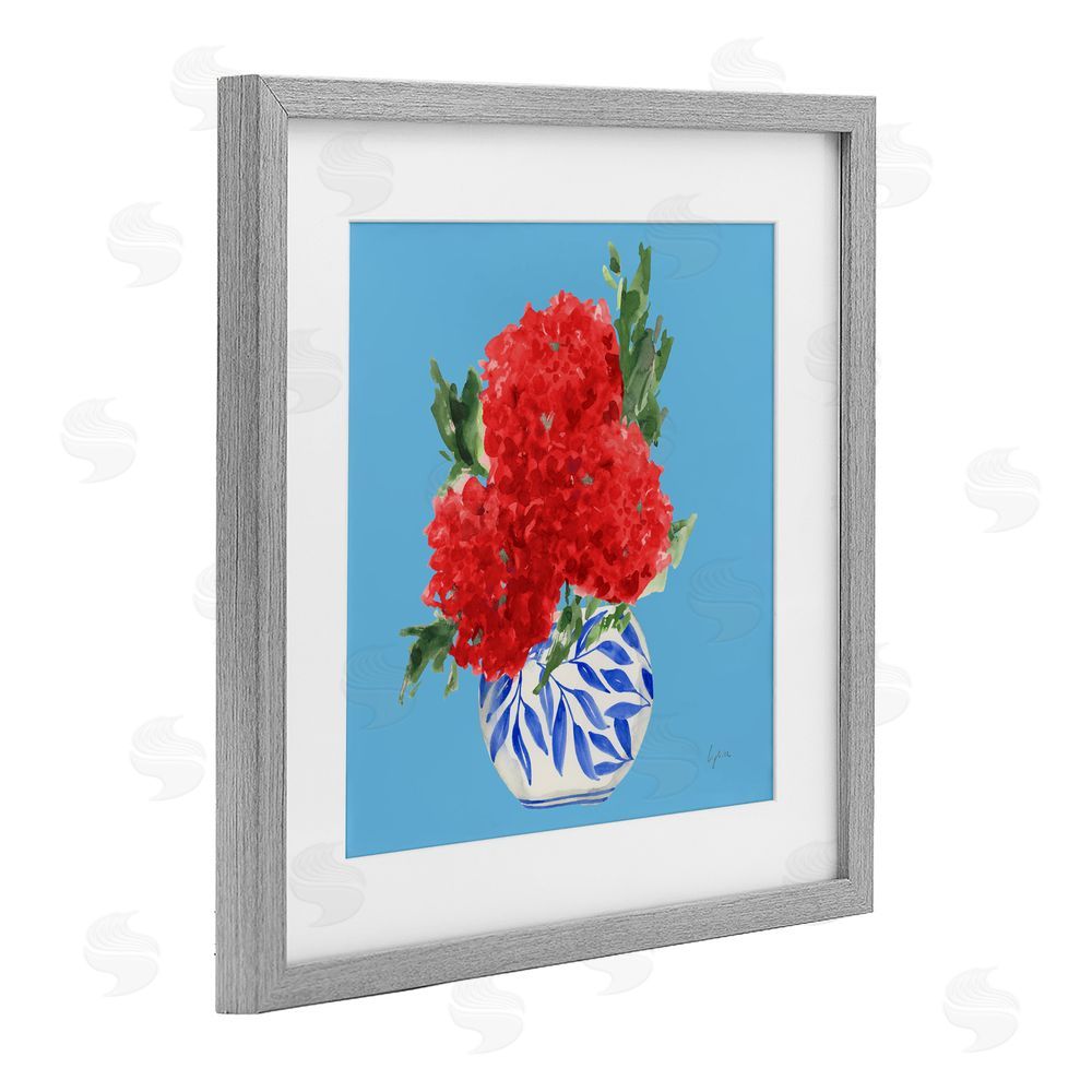 Lucille Price Red Hydrangeas Blue Vase Gray Framed Print Under Glass Wall Art