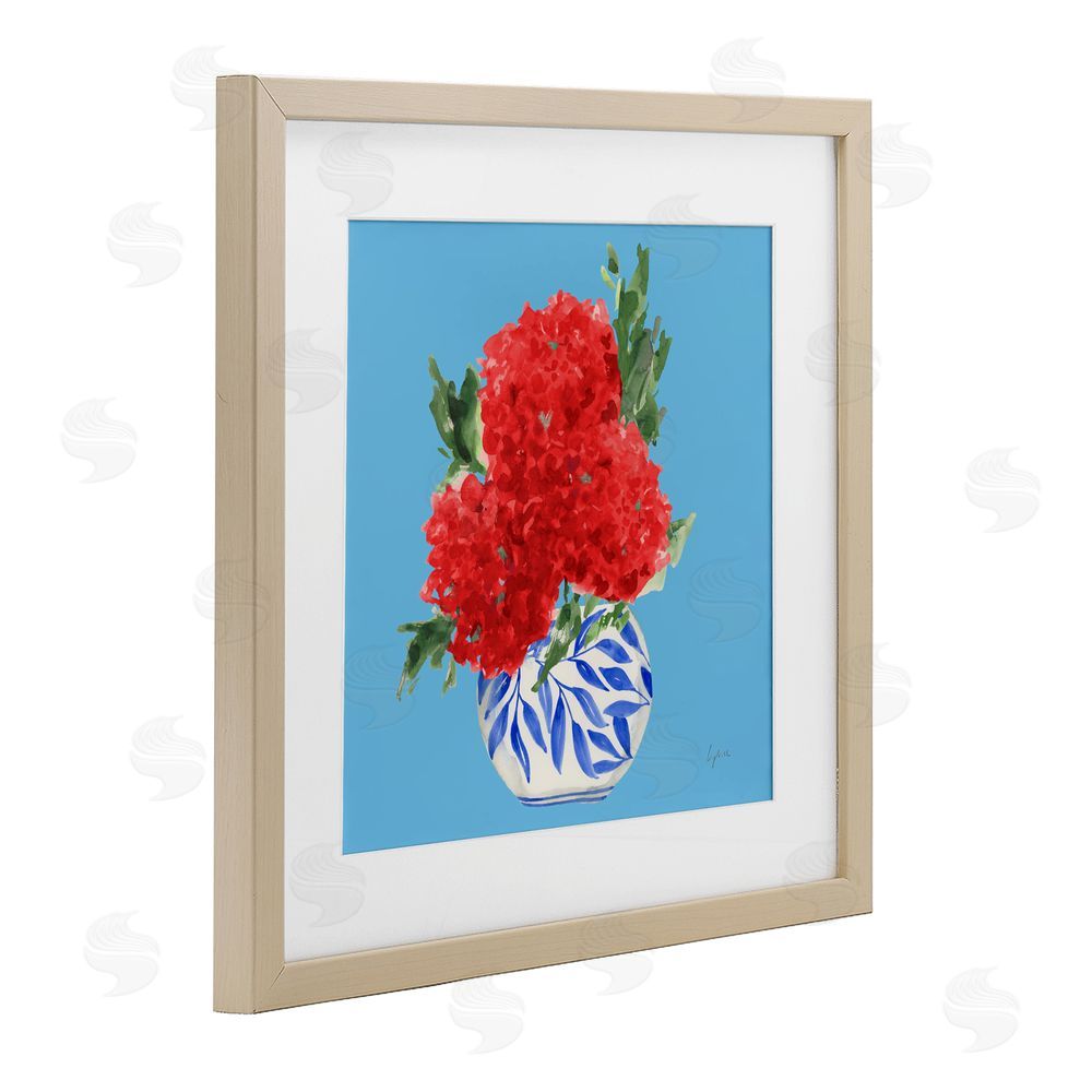Lucille Price Red Hydrangeas Blue Vase Birch Framed Print Under Glass Wall Art