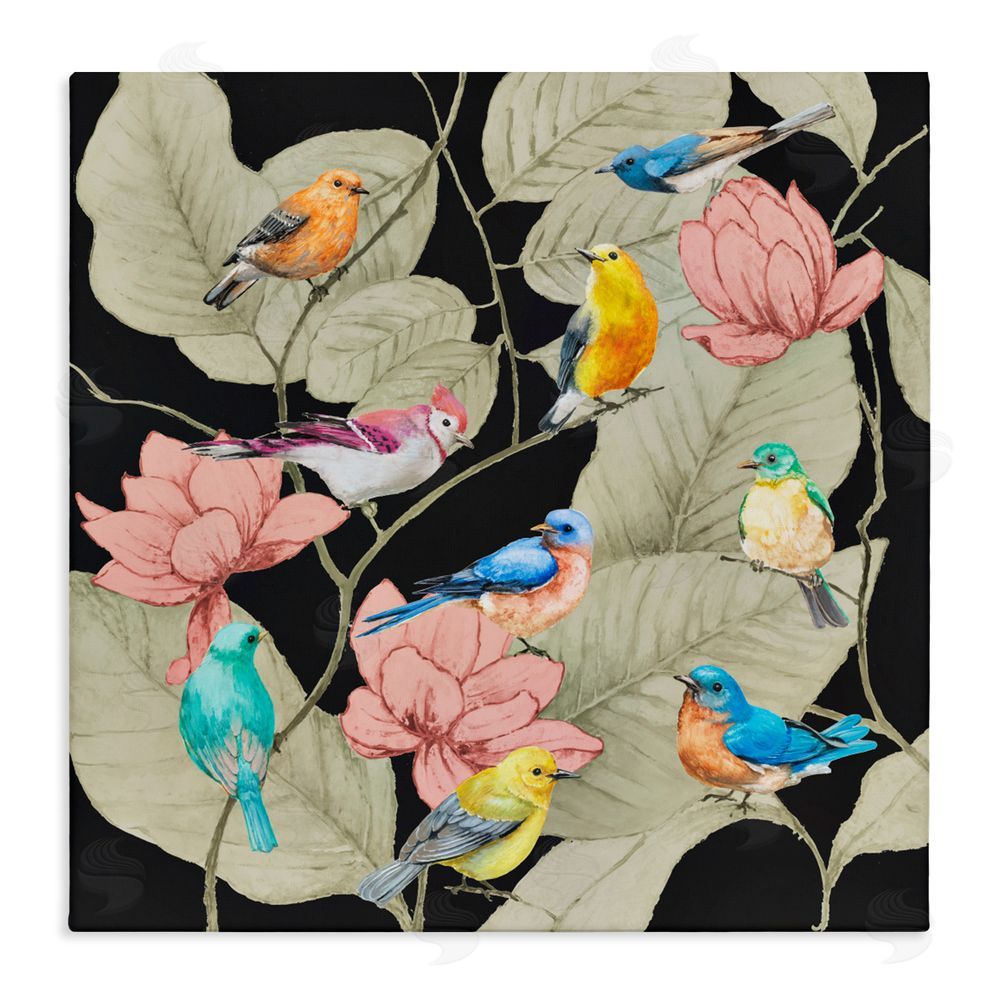 Lorenzo Collective Colorful Birds & Leaf Motif Stretched Canvas Wall Art Print