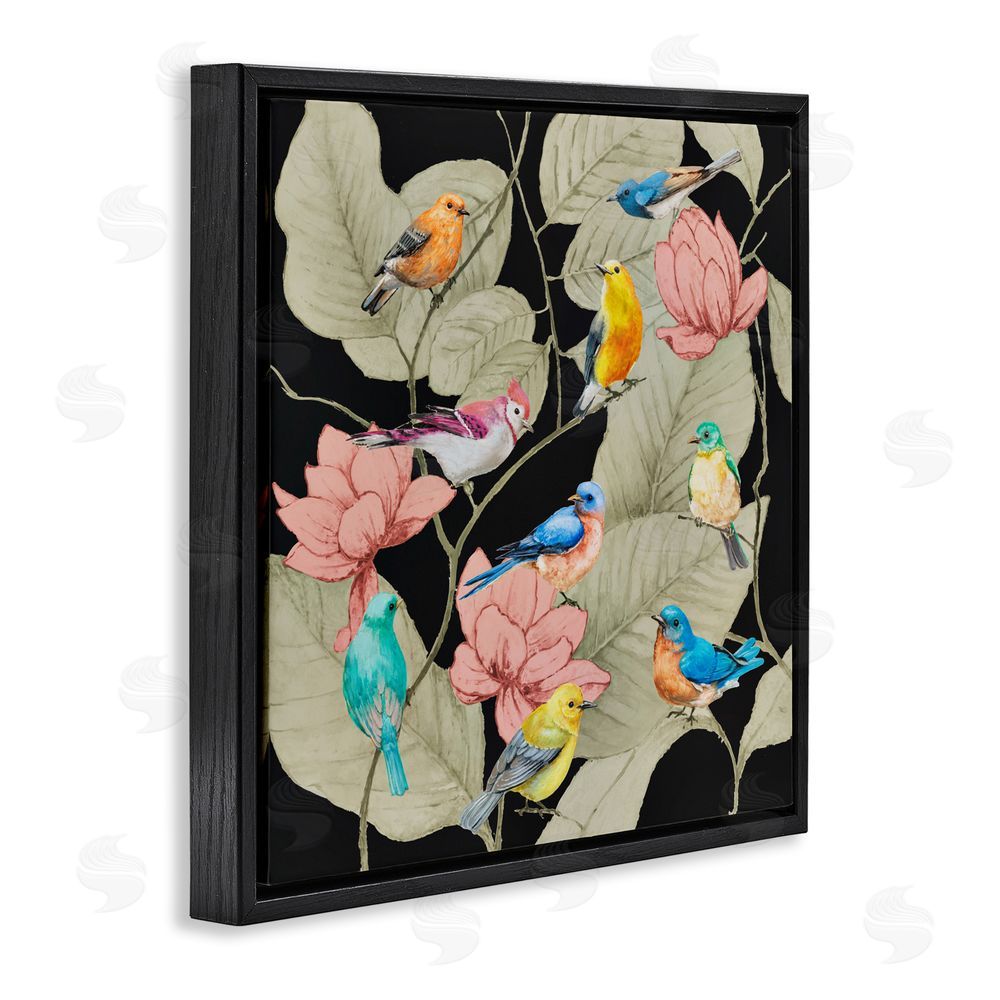 Lorenzo Collective Colorful Birds & Leaf Motif Black Floating Frame Canvas Wall Art Print