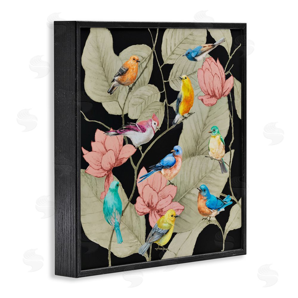 Lorenzo Collective Colorful Birds & Leaf Motif Black Framed Giclee Wall Art Print