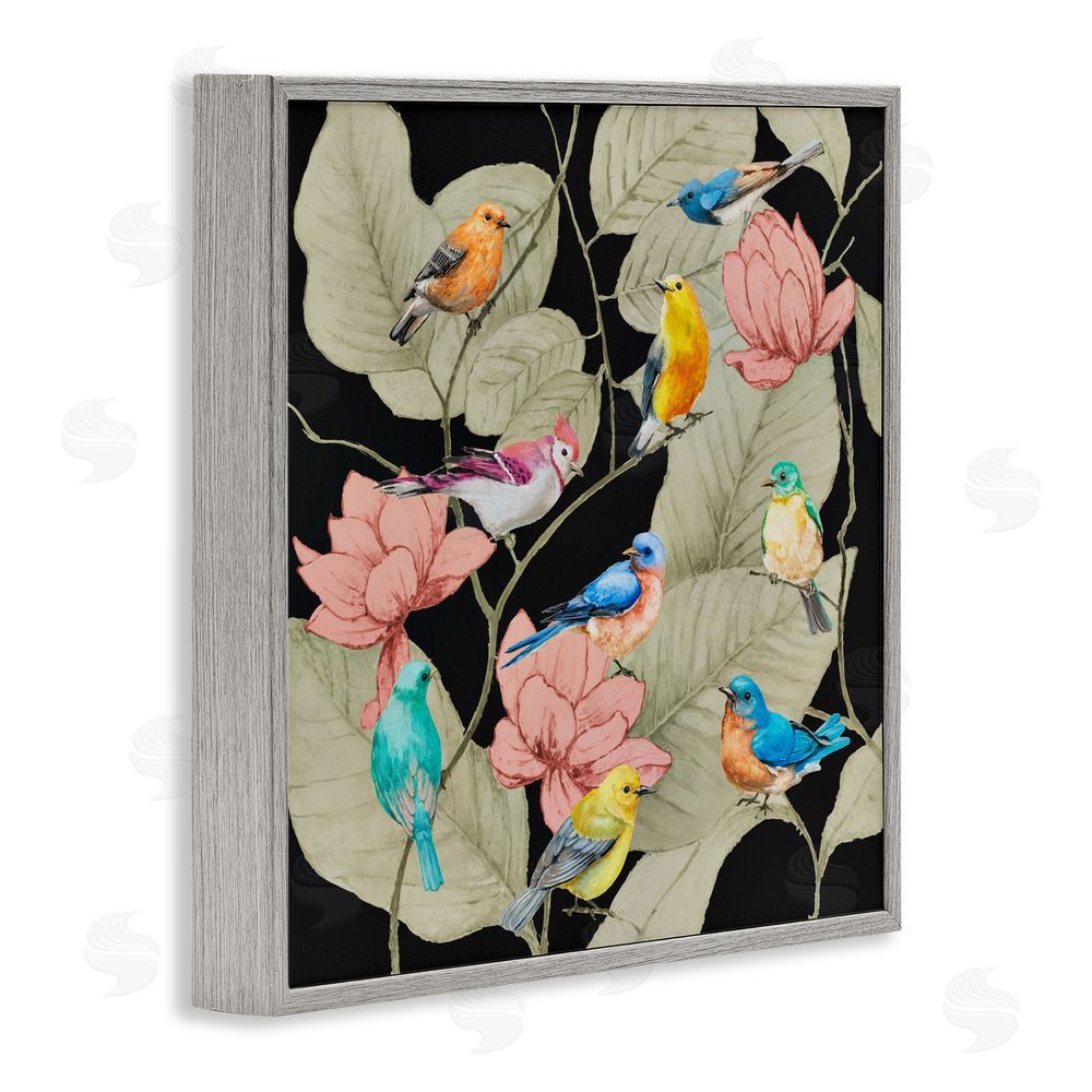Lorenzo Collective Colorful Birds & Leaf Motif Gray Framed Giclee Wall Art Print