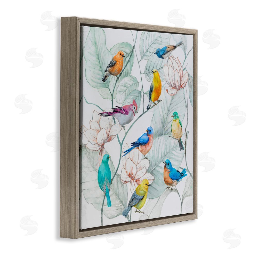 Lorenzo Collective Colorful Array Of Birds Brown Floating Frame Canvas Wall Art Print