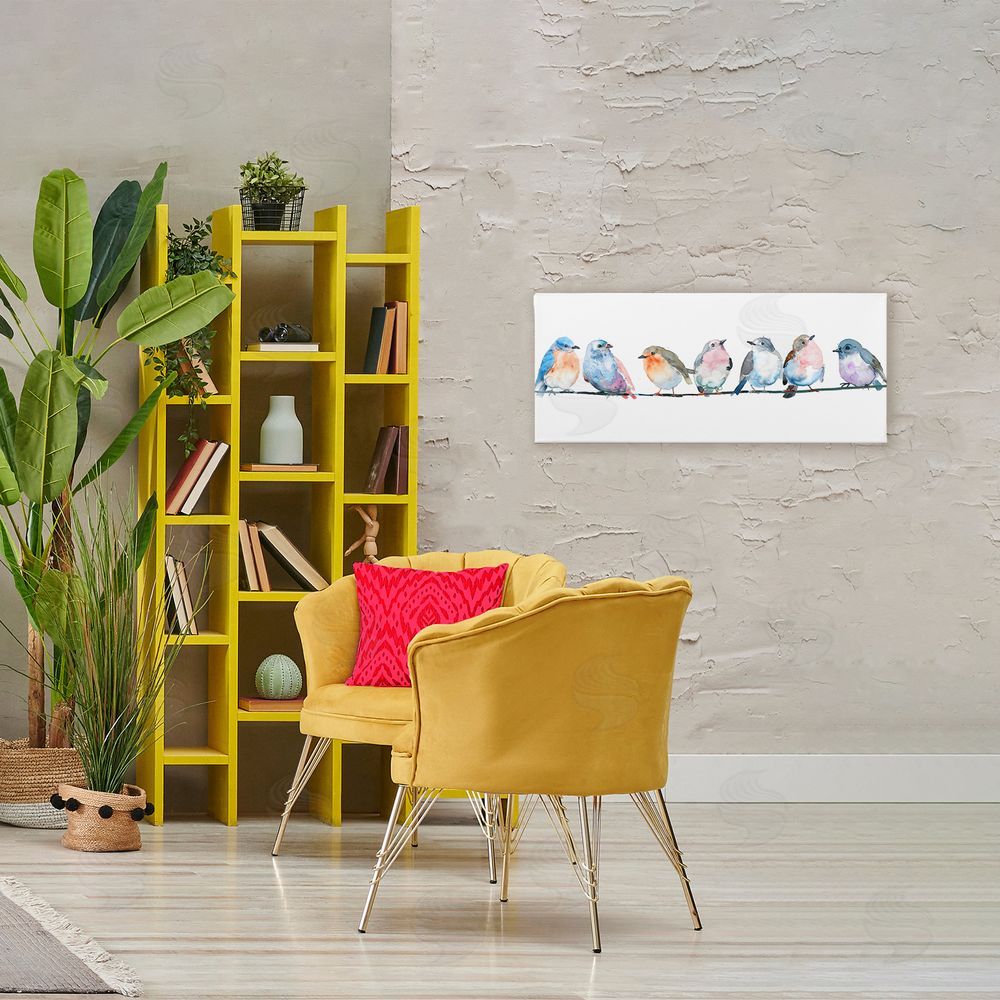 Lorenzo Collective Perching Pastel Birds Stretched Canvas Wall Art Print in Room