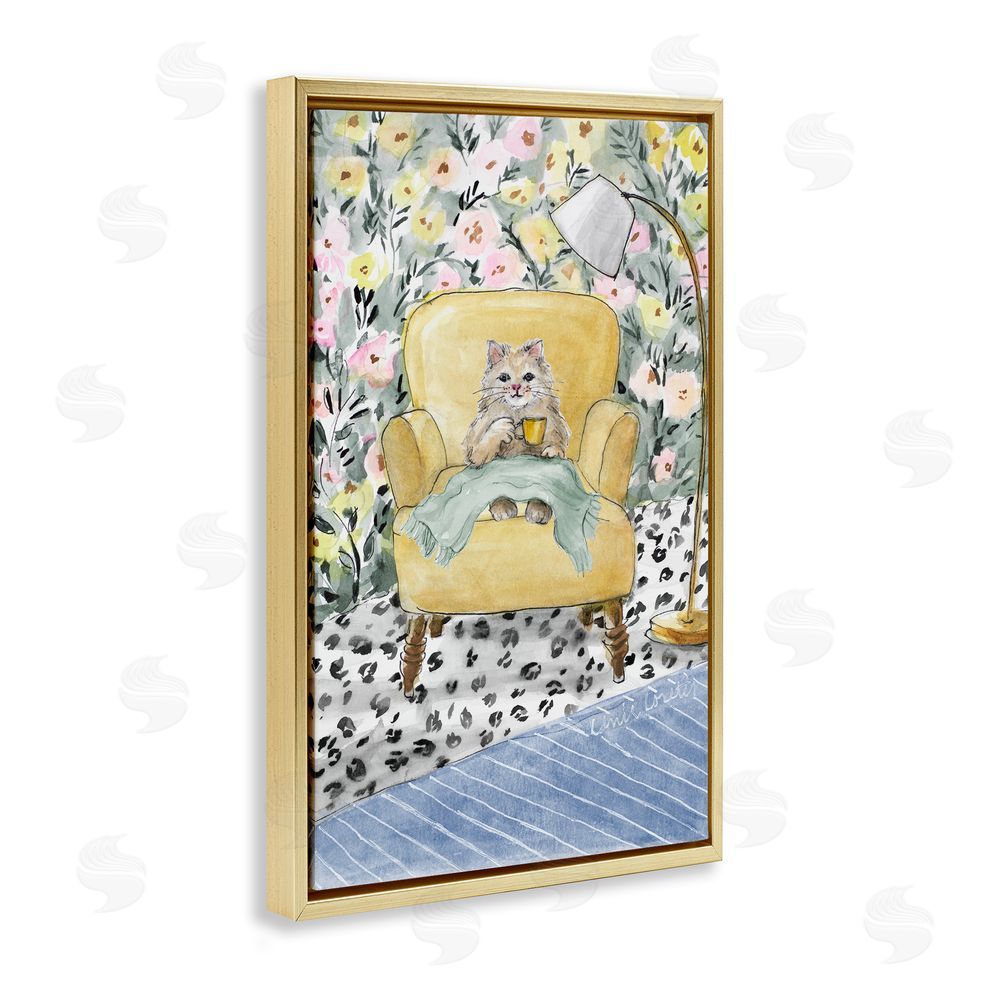 Lanie Loreth Cozy Cat Corner Gold Floating Frame Wall Art Print