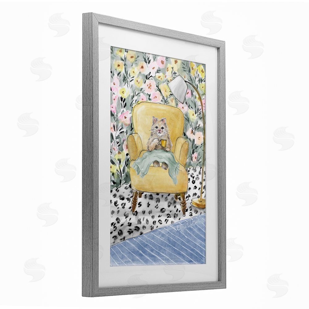 Lanie Loreth Cozy Cat Corner Gray Framed Print Under Glass Wall Art