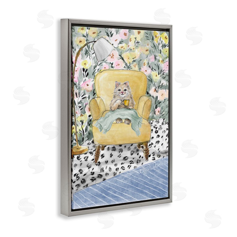 Lanie Loreth Cozy Cat Relaxing Gray Floating Frame Wall Art Print