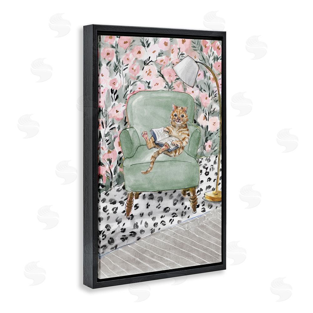 Lanie Loreth Cozy Cat Reading Black Floating Frame Wall Art Print