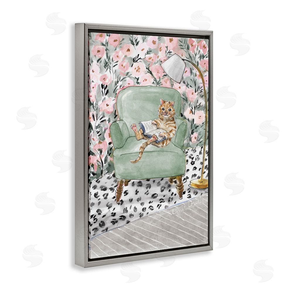 Lanie Loreth Cozy Cat Reading Gray Floating Frame Wall Art Print
