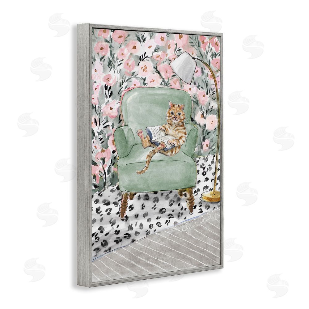 Lanie Loreth Cozy Cat Reading Gray Framed Giclee Wall Art Print