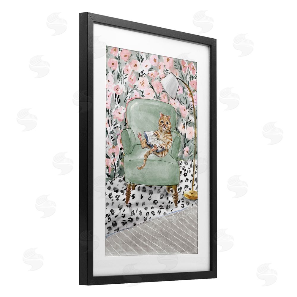 Lanie Loreth Cozy Cat Reading Black Framed Print Under Glass Wall Art