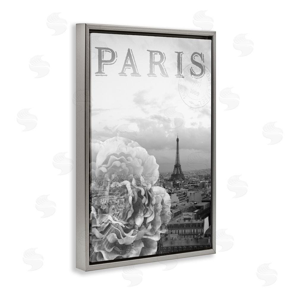 Emily Navas Paris Postcard in Monochrome Gray Floating Frame Canvas Wall Art Print