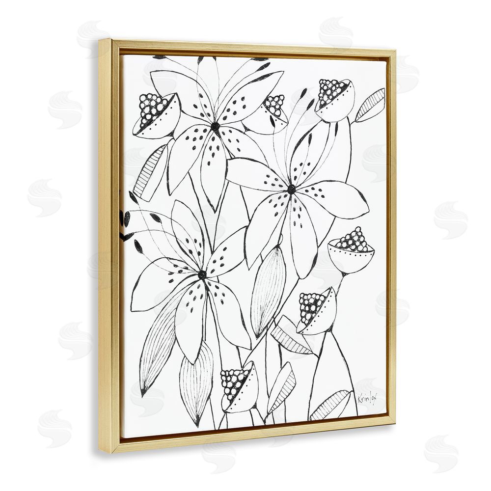 Krinlox Open Blooms Outline Gold Floating Frame Canvas Wall Art Print