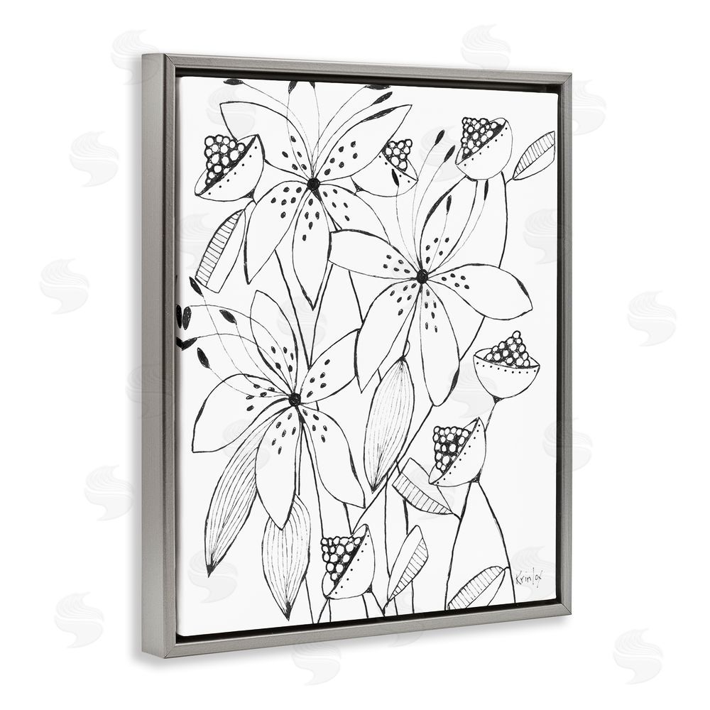 Krinlox Open Blooms Outline Gray Floating Frame Canvas Wall Art Print