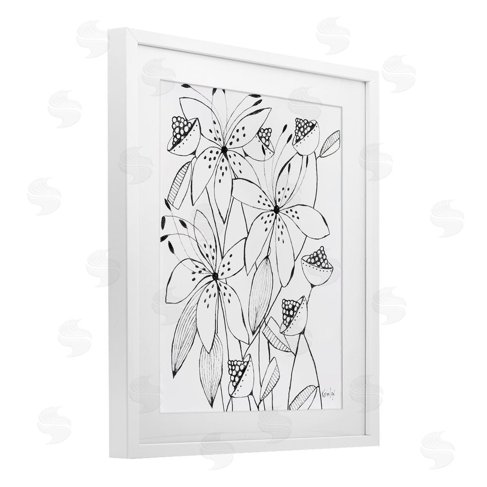 Krinlox Open Blooms Outline White Framed Print Under Glass Wall Art