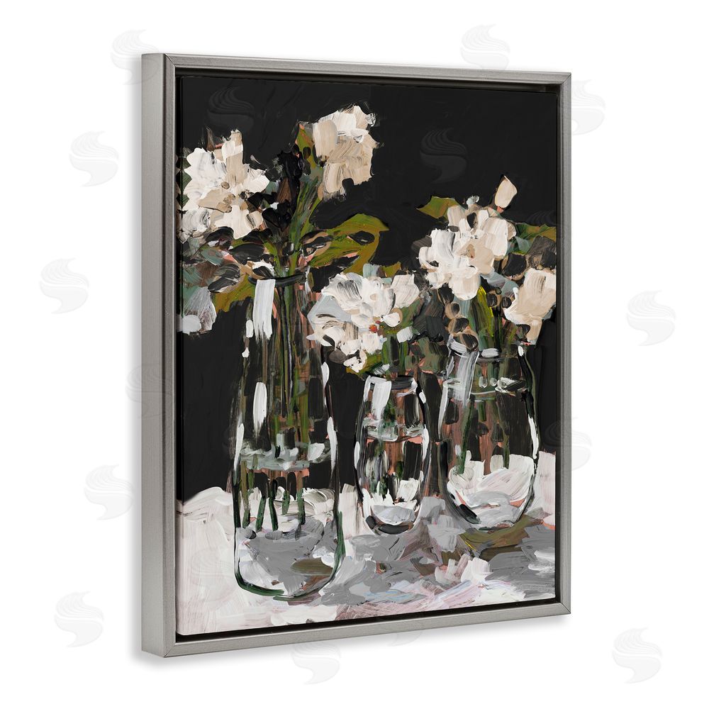 Jane Slivka Three Flower Vases on Black Gray Floating Frame Canvas Wall Art Print