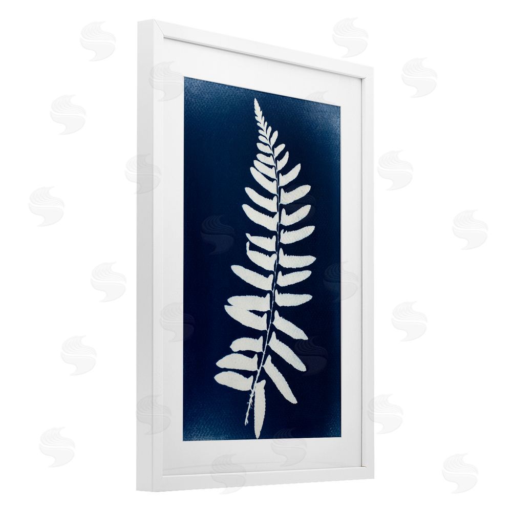 Lynn Byrd Fern Leaf on Indigo White Framed Print Under Glass with Mat Wall Art