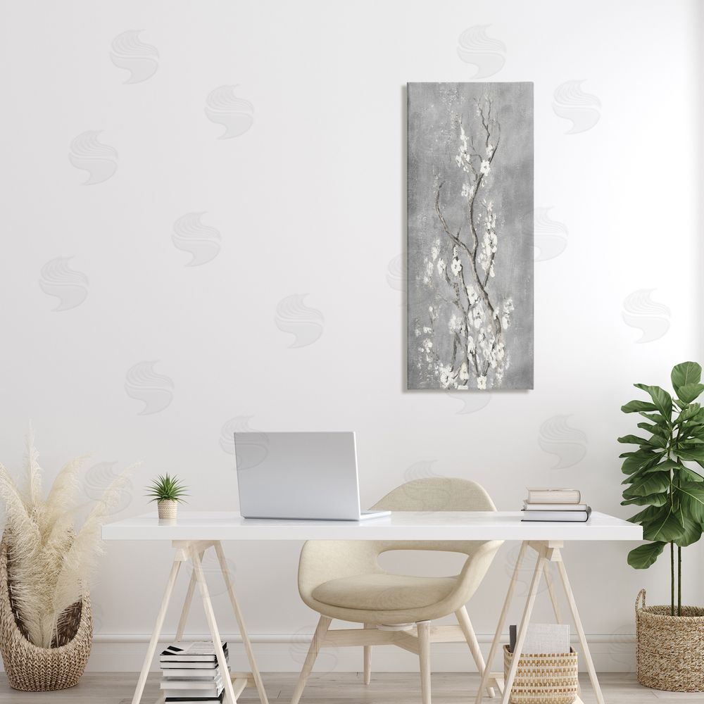 Patricia Pinto White Cherry Blossoms Reaching Stretched Canvas Wall Art in Room