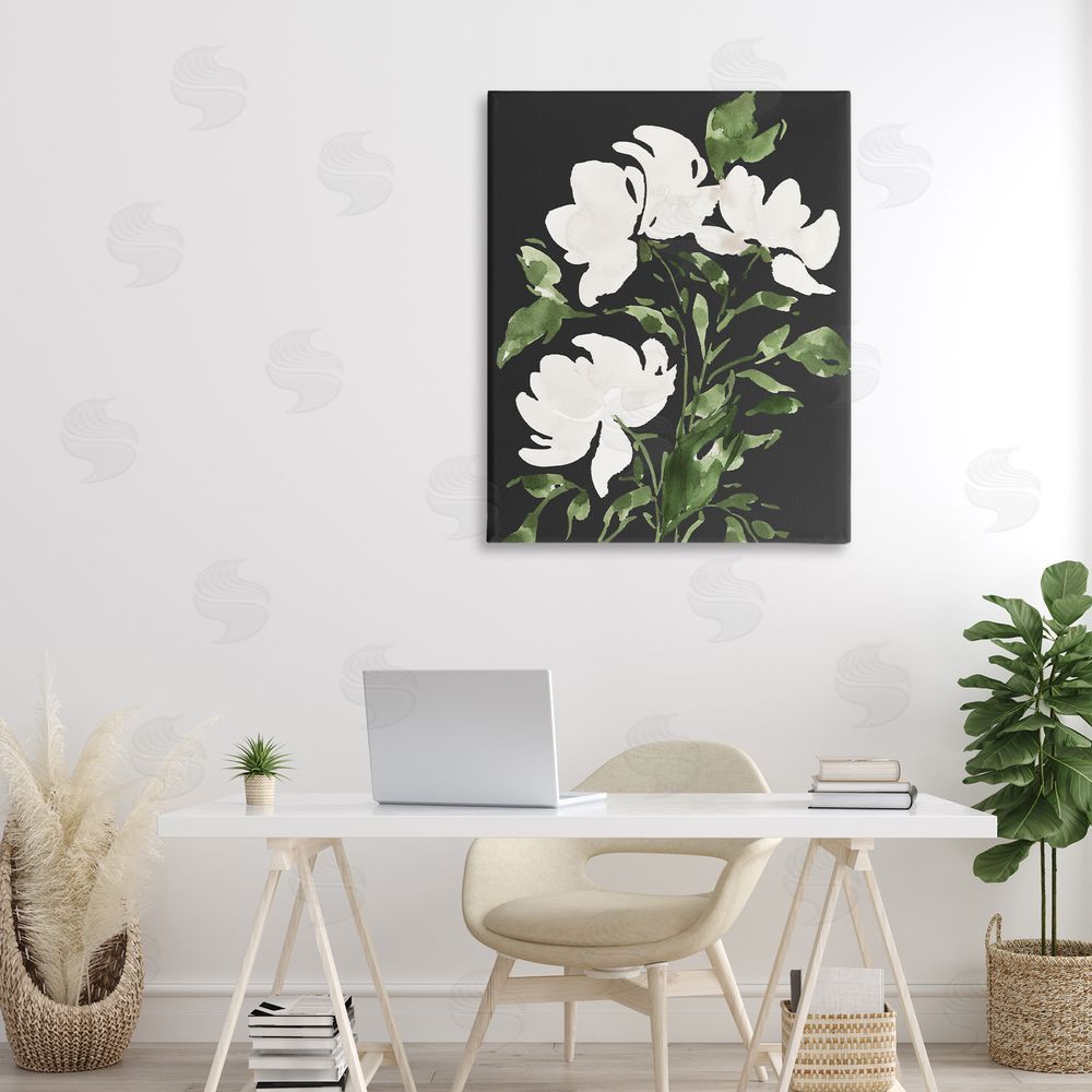 Lucille Price White Over Black Floral Stretched Canvas Wall Art Print in Room