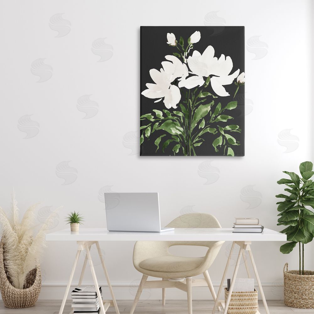 Lucille Price White On Black Floral Stretched Canvas Wall Art Print in Room