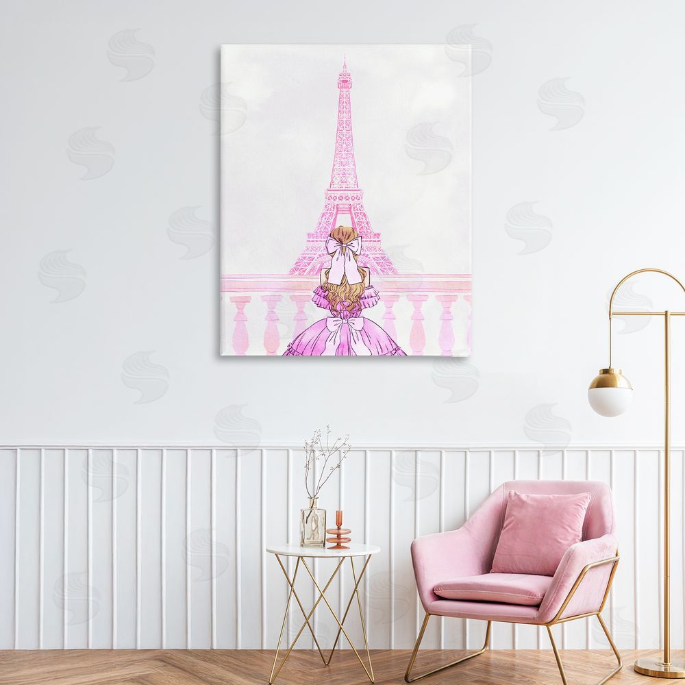 Ziwei Li Pink Gown & Eiffel Tower Stretched Canvas Wall Art Print in Room