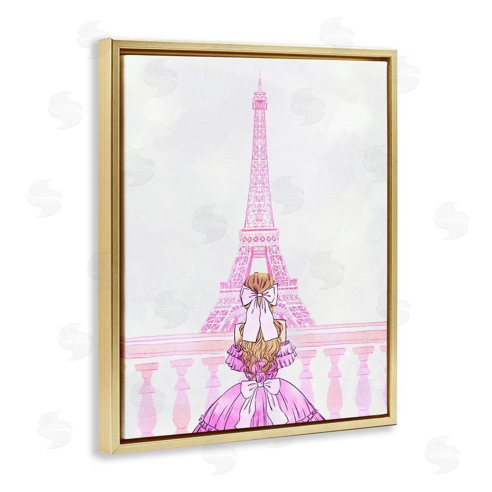 Ziwei Li Pink Gown & Eiffel Tower Gold Floating Frame Canvas Wall Art Print
