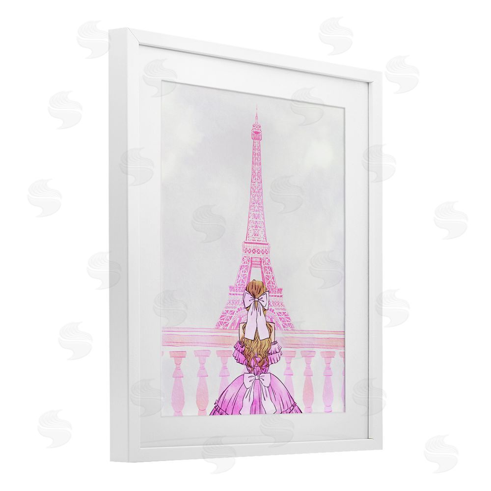 Ziwei Li Pink Gown & Eiffel Tower White Framed Print Under Glass Wall Art