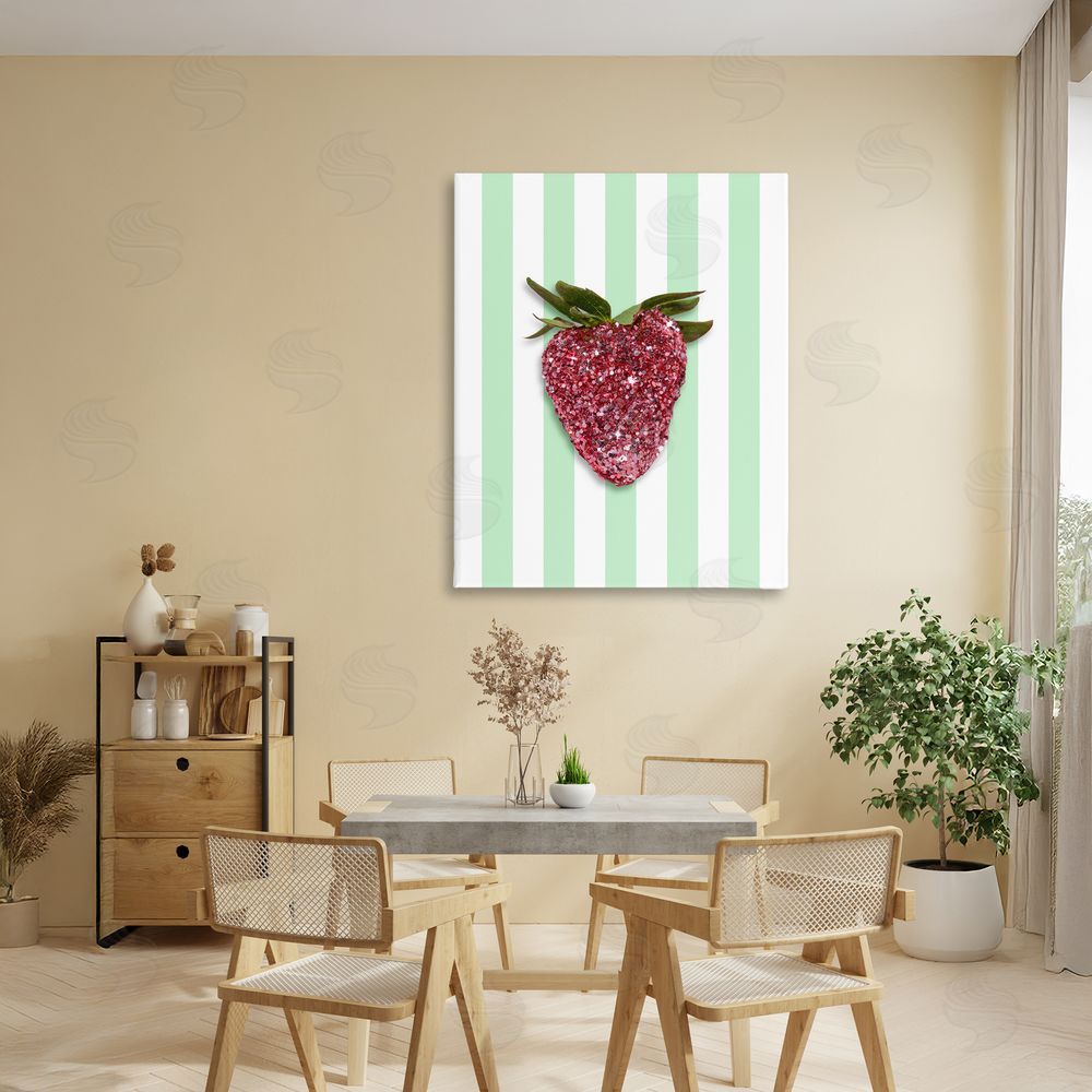LISH Creative Glimmer Cherry on Green Stripes Stretched Canvas Wall Art in Room